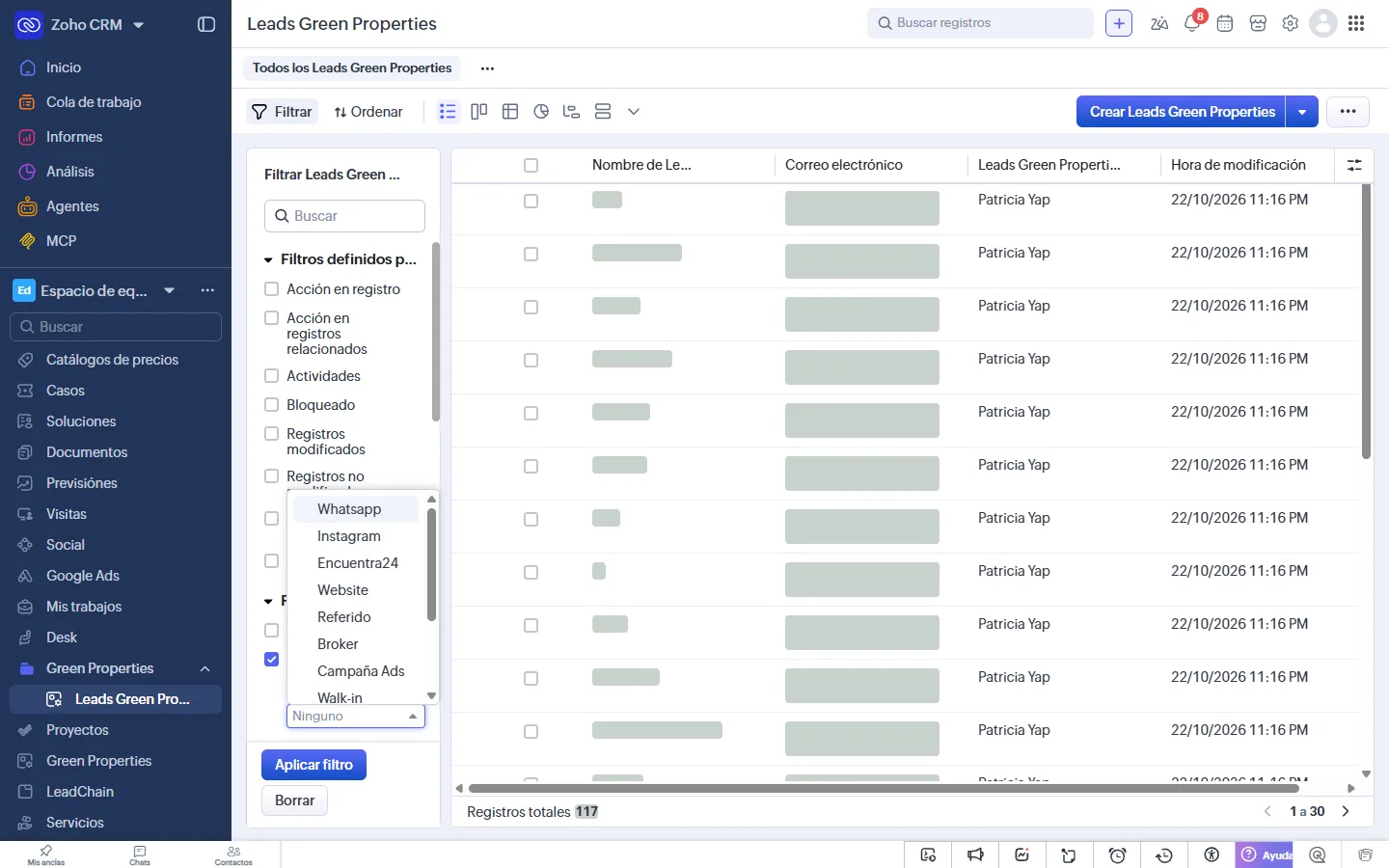 Zoho CRM: filtro por Canal de Entrada con la lista de canales; datos personales tapados
